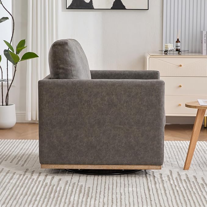 Swivel Accent Chair, 360 Degree Square Swivel Chair for Living Room, Mid Century Modern Upholstered Barrel Chair,Comfy Sofa Armchairs for Bedroom,Nursery,PU Leather, Gray