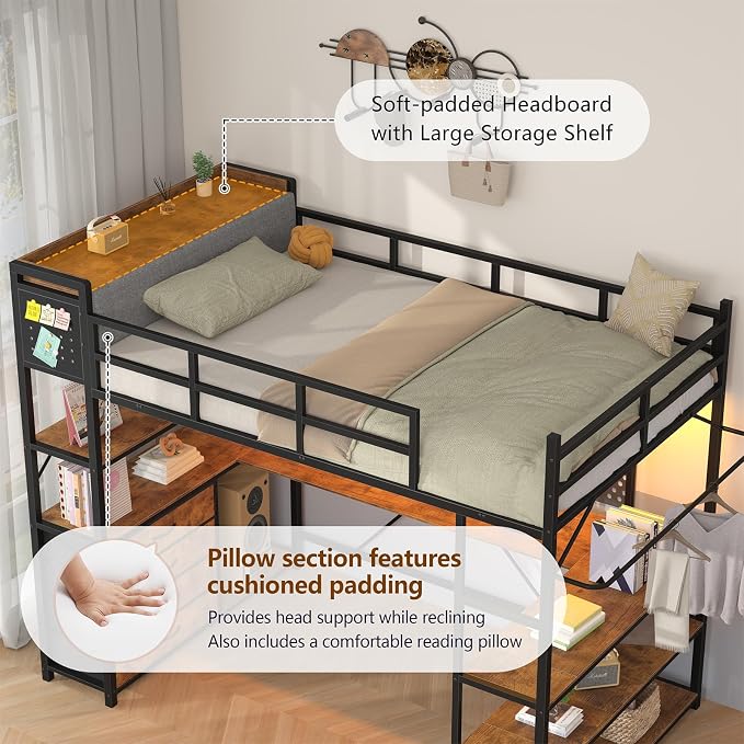 Loft Bed Twin Size with Storage Upholstered Headboard, Metal Twin Loft Bed Frame with U-Shaped Desk & LED Lights, Bunk Loft Beds with Power Outlet, Loft Beds with 4 Storage Drawers, Guard & Ladder