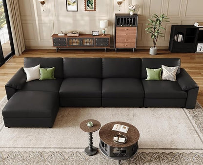 EASE MOOSE Oversized Modular Sectional Sofa,Leather Sectional Couch with Deep Seat,Extra Large L Shaped Couch,Classic Comfy Scratch Resistant Faux Leather Material Sofa for Living Room,Black