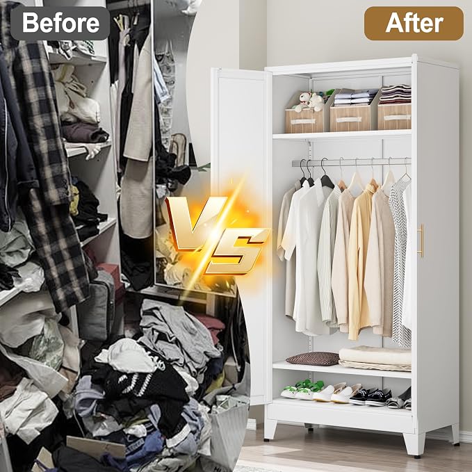 Metal Armoire Wardrobe Closet Storage Cabinet with 2 Doors White, 71'' Wardrobe Cabinet with Hanging Rod Metal Closet with 2 Adjustable Shelves for Bedroom, Laundry Room, Cloak Room