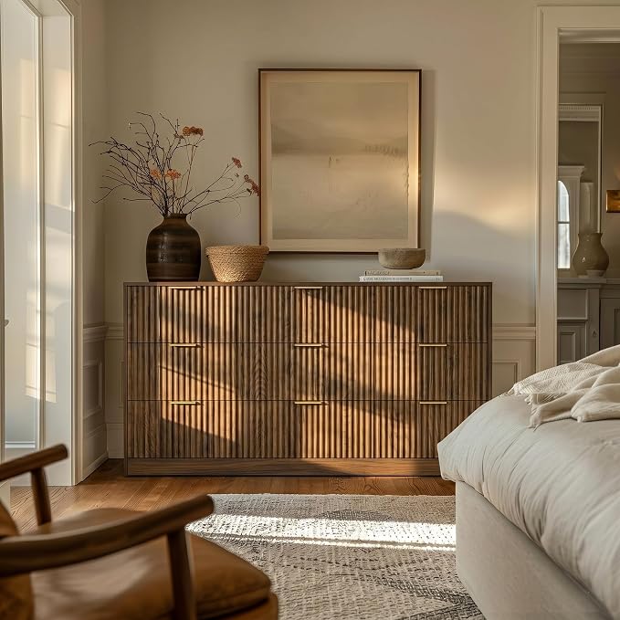 Walnut 9 Drawer Dresser for Bedroom, 63" Wide Modern Fluted Chest of Drawers, Wooden Dresser with Gold Metal Handles, Mid Century Large Dresser TV Stand for Living Room Hallway