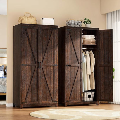 LUXOAK 70" Large Armoire Wardrobe Closet Set of 2 with Hanging Rod, Farmhouse Clothing Storage Cabinet with 4 Barn Doors, Wooden Tall Bedroom Armoires with Shelf, Espresso