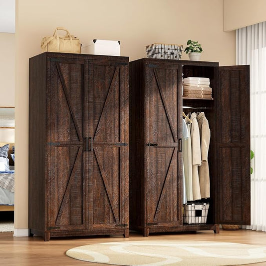 LUXOAK 70" Large Armoire Wardrobe Closet Set of 2 with Hanging Rod, Farmhouse Clothing Storage Cabinet with 4 Barn Doors, Wooden Tall Bedroom Armoires with Shelf, Espresso