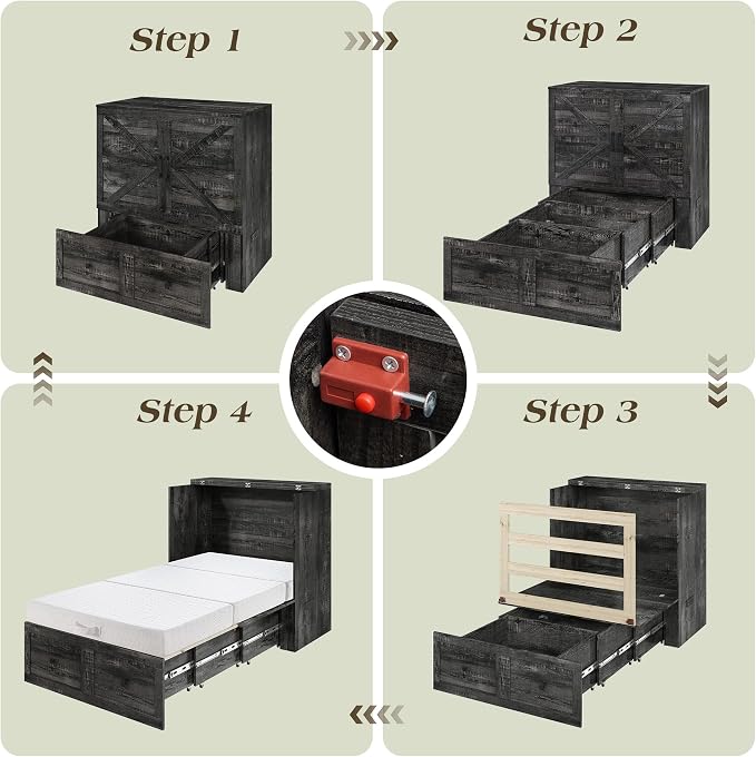 LUXOAK Twin Murphy Bed with 6" White Tri-Fold Memory Foam Mattress, Storage Drawer & Charging Station, Space-Saving Design for Home Office or Guest Room, Black Oak