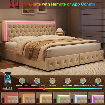 Keyluv King Size LED Bed Frame with 4 Storage Drawers and Adjustable Headboard, Velvet Upholstered Button Tufted Modern Platform Bed, Solid Wooden Slats Support, Easy Assembly, Beige