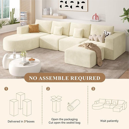 134" Boneless Couches for Living Room,Large U-Shaped Modular Sectional Sofa with Convertible Ottoman,Modern Cozy Cloud Couch in a Box,Sponge Compression Deep Seat Sofas with Chaise,Beige,1pcs