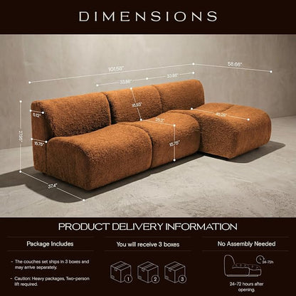 102" Curved Sectional Couch with Chaise Lounge, 3-Seat Reversible L-Shaped Sofa, Deep Seat Sherpa Boneless Modular Couches, Modern Curved Sofas for Living Room – No Assembly, Brown