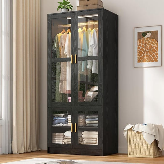 chartustriable 2 Doors Armoire Wardrobe Closet with LED,71" H Freestanding Wooden Wardrobe Closet Cabinet for Bedroom,Wooden Clothing Storage Cabinet with Hanging Rod,Closets for Bedroom(Black)