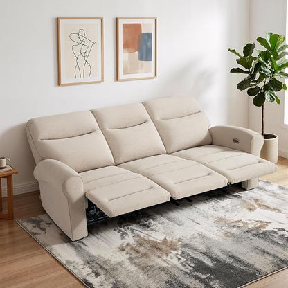 MCombo 87.8" Wall Hugger Power Reclining Sofa, 3-Seat Triple Recliner Couch with USB Ports, Rolled Arm Space Saving Recliner Sofa for Living Rooms Apartments RV, Fabric PR635M5 (Beige)