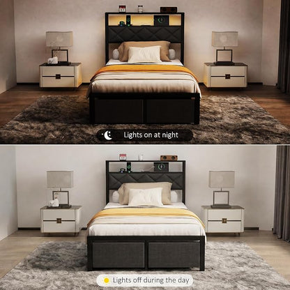 Twin Bed Frame with LED Lights, Charging Station & 2 Storage Drawers, Metal Platform with Upholstered Headboard, No Box Spring Needed, Easy Assembly