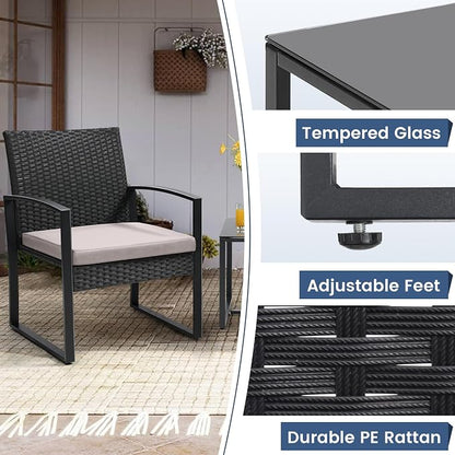 Murago 3 Piece Wicker Patio Bistro Set, Rattan Conversation Set with Coffee Table, for Balcony, Porch, Garden, Yard, Poolside, Black Frame with Grey Cushion