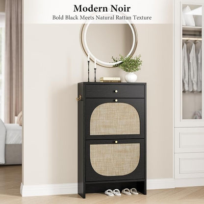 Nicetree Shoe Cabinet for Entryway, Slim Shoe Rack with 2 Flip Drawers and Top Storage Drawer, Narrow Shoe Organizer with Printed Rattan-Look Design, Entryway Shoe Storage for Size 12 Shoes, Black