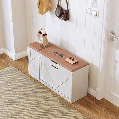 34" Storage Bench with Flip Drawers and Barn Doors, Adjustable Shelf, Flip-up Cabinet & Padded Cushion - Space-Saving Shoe Cabinet, Organizer for Entryway, Hallway, Bedroom