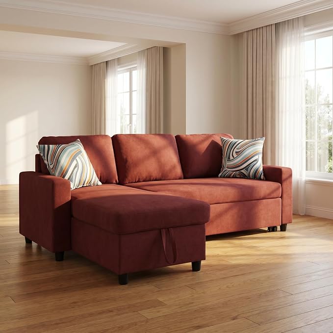 Pull Out Couch, L Shaped Sectional Couch with Pull Out Bed, Convertible Sofa Bed with Storage Chaise, Queen Size Sleeper Sofa, Sofa Bed Couch, Sleeper Sofa with Storage, Red
