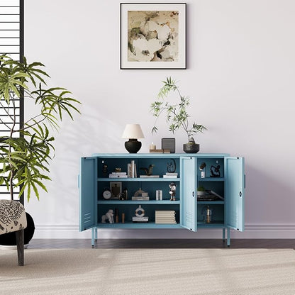 32" Wide 3-Door Lockable Metal Storage Cabinet with Accent Cabinet Locker, Heavy Duty Home Tool Cabinet, 2 Removable Shelves & Easy Assembly, for Home, Office, Entryway and Hallway Blue