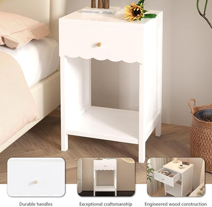 Cute White Nightstand with Drawer and Open Shelf, Scalloped Edge Design Bedroom Bedside Table, Wood End Table for Kids Girls Bedroom, White