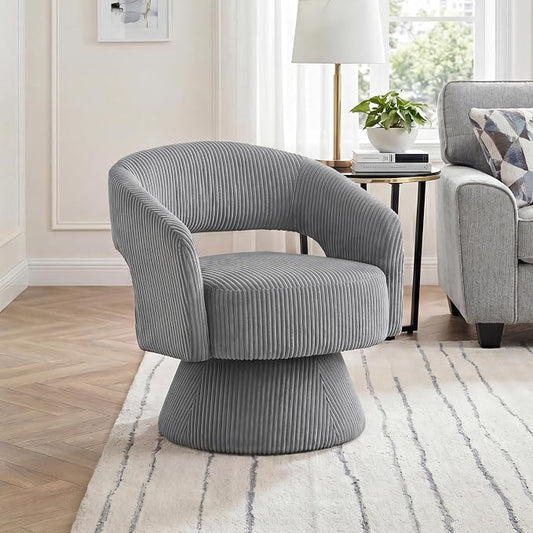 Lexicon 360 Degree Swivel Accent Chair, Modern Comfy Corduroy Round Barrel Chair, Open Back, Plush Foam Cushions, Metal Swivel Base for Living Room/Bedroom/Office/Small Spaces, Dark Gray