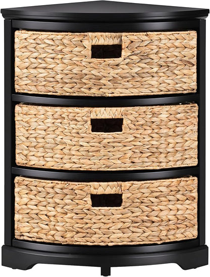 eHemco Hampton Meadows 3 Tier X-Side Corner Table Storage Cabinet, Black | 3 Wicker Baskets