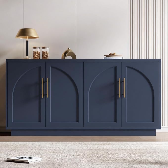 Fatmok Buffet Cabinet with Storage, 59'' Modern Arched Sideboard Cabinet w/Adjustable Shelves, Wood Media TV Console Table Credenza for Living Room Hallway Entryway, Dark Blue