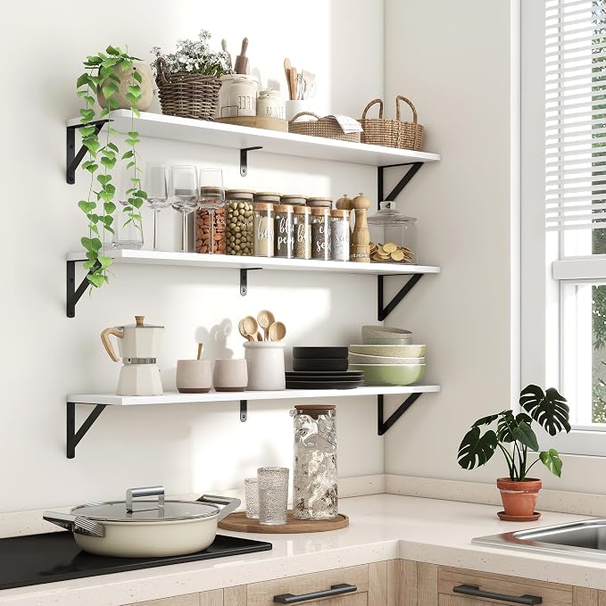 Axeman 40 Inch Floating Shelves | 8 Inch Deep White Wall Shelves Set of 2 | 39.4" W x 8" D Rustic White Wood Shelves for Bathroom Kitchen Living Room
