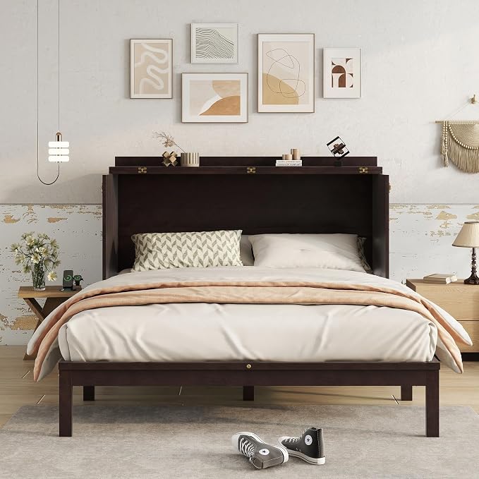 PVWIIK Queen Size Murphy Bed Cabinet with Power Station & Large Drawer for Bedroom,Pine Wood Folding Chest Bed with Rattan Panel, Space-Saving Wall Bed, Espresso