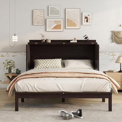 PVWIIK Queen Size Murphy Bed Cabinet with Power Station & Large Drawer for Bedroom,Pine Wood Folding Chest Bed with Rattan Panel, Space-Saving Wall Bed, Espresso