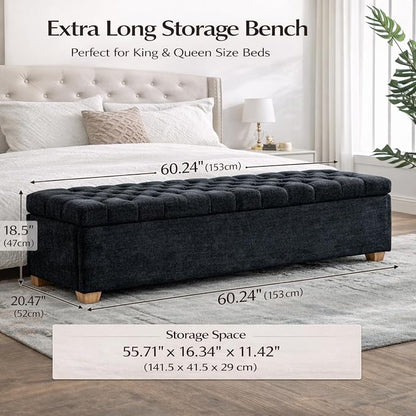 60.2" Storage Bench, End of Bed Storage Benches, Chenille Fabric Upholstered Ottoman Bench with Safety Hinge for Living Room Entryway Bedroom Hallway