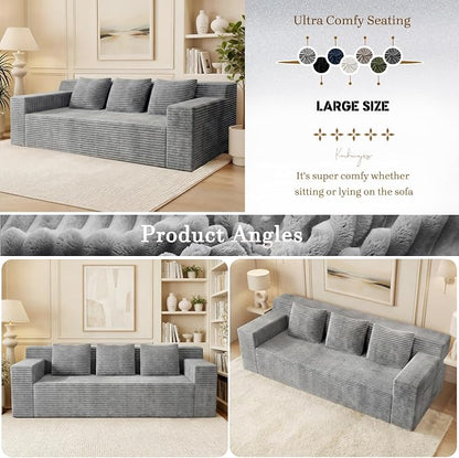 71" Corduroy Living Room Sofa, 3 Setaser Deep Seat Couch with 3 Lumbar Pillows, Comfy Boneless Sofa Modern Compressed Couch for Bedroom, Office, Apartment, No Assembly, Flat Armrests (Light Grey)