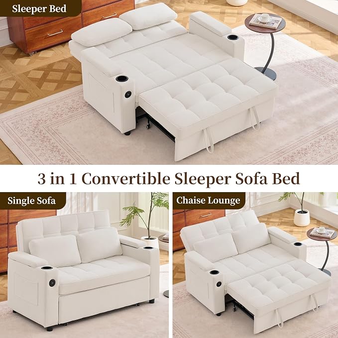 Korser 55.5'' 3-in-1 Convertible Sofa Bed, Pull Out Couch with 5-Position Adjustable Backrest, Loveseat Sleeper Sofa for Small Spaces, Sofa Couch with Cup Holders for Living Room, Office, Chenille