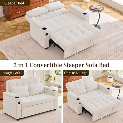 Korser 55.5'' 3-in-1 Convertible Sofa Bed, Pull Out Couch with 5-Position Adjustable Backrest, Loveseat Sleeper Sofa for Small Spaces, Sofa Couch with Cup Holders for Living Room, Office, Chenille