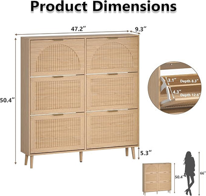 BORNOON Shoe Cabinet for Entryway with 6 Flip Drawers, Slim Wooden Shoe Storage Organizer with Modern Fluted Pannel，Freestanding Narrow Hidden Shoe Rack for Hallway, Foyer, Living Room