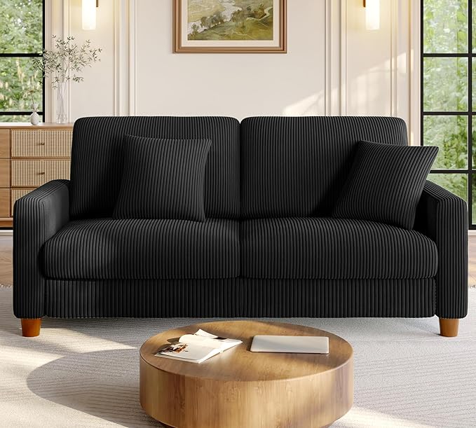 Welzona 70.2" Couches for Living Room, Comfy Black Couch 7.1" Extra Thick Cushion, Sofas for Living Room Tool-Free Setup, Loveseat Sofa 705lbs Support, Corduroy Couch for Bedroom, Apartment, Office