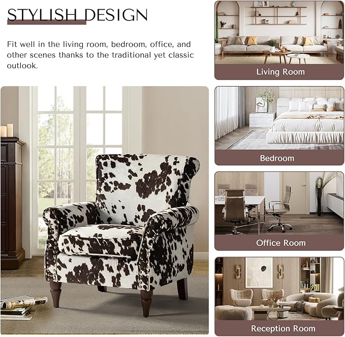 HULALA HOME Modern Wingback Accent Chairs Set of 2 with Wood Legs & Removable Cushion, Comfy Upholstered Armchairs with Nailhead Trim, Floral Pattern Sofa Chairs for Bedroom Living Room, Cowhide