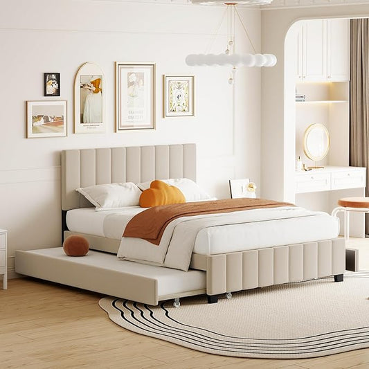 Bellemave Queen Bed Frame with Trundle Bed,Velvet Upholstered Platform Bed Frame with Storage Drawers,Queen Size Trundle Bed with Headboard for Kids Teens Adults,Beige
