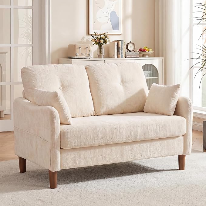 Vipbear 48" Loveseat Sofa,Modern Small Couches for Small Spaces,Beige Chenille Love Seat Couch for Living Room,Bedroom,Apartment,Office,Deep Seat,Throw Pillow,Side Pockets,Curved Armrest