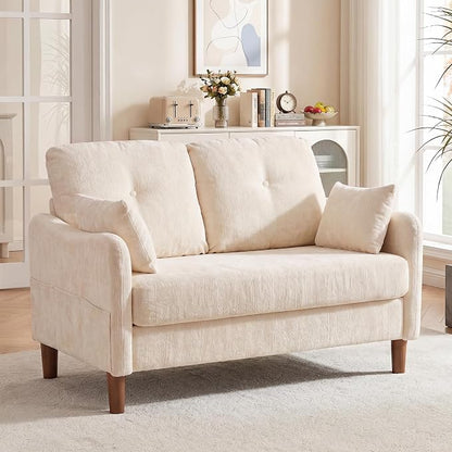 Vipbear 48" Loveseat Sofa,Modern Small Couches for Small Spaces,Beige Chenille Love Seat Couch for Living Room,Bedroom,Apartment,Office,Deep Seat,Throw Pillow,Side Pockets,Curved Armrest
