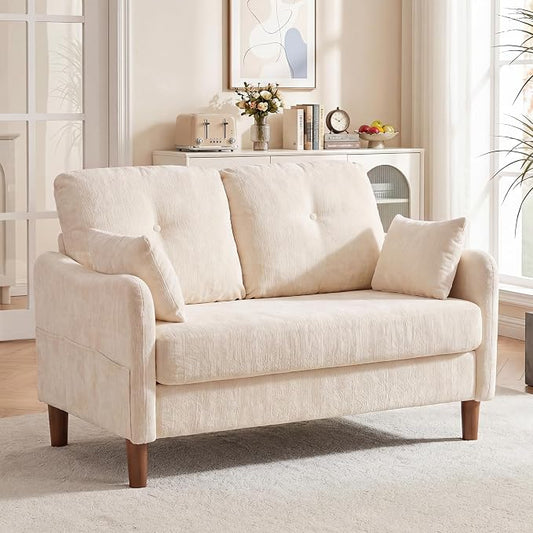 Vipbear 48" Loveseat Sofa,Modern Small Couches for Small Spaces,Beige Chenille Love Seat Couch for Living Room,Bedroom,Apartment,Office,Deep Seat,Throw Pillow,Side Pockets,Curved Armrest