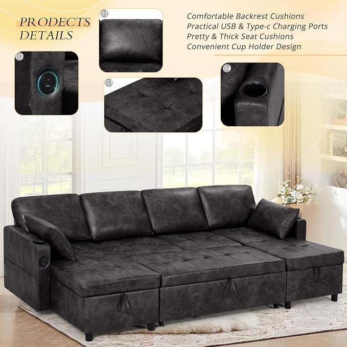 110 inches Suede Leather Sleeper Sofa w/Pull Out Bed, U-Shape Sectional Sofa Bed w/Adjustable Backrest and Storage Chaises, 4-Seats Upholstered Sofa Bed w/USB Port for Living Room, Black