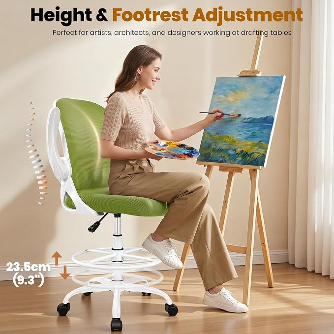 Primy Drafting Chair Tall Office Chair with Flip-up Armrests Executive Ergonomic Computer Standing Desk Chair with Lumbar Support and Adjustable Footrest Ring (AvocadoGreen)