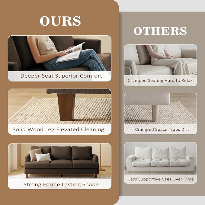 Gericco Mid Century Modern Couches for Living Room, 89" Comfy Brown Couch Sofa with 3-Seater Deep Seats, Upholstered Sofas for Living Room, Office Apartment, Bedroom