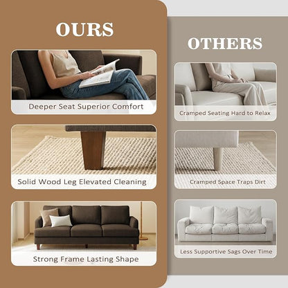 Gericco Mid Century Modern Couches for Living Room, 89" Comfy Brown Couch Sofa with 3-Seater Deep Seats, Upholstered Sofas for Living Room, Office Apartment, Bedroom