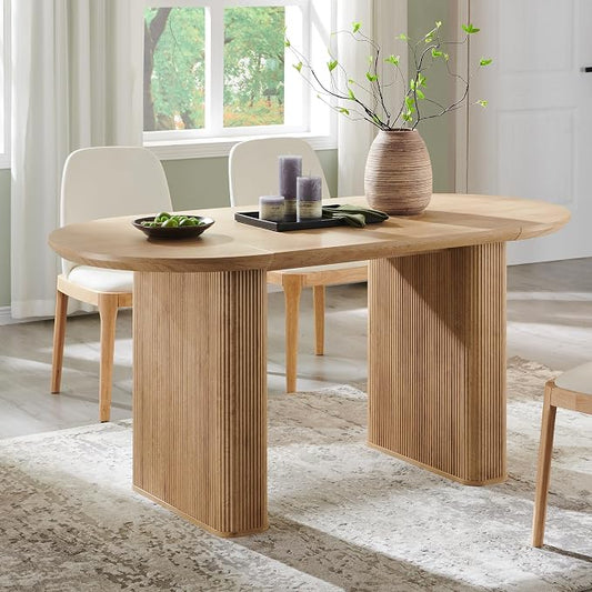 T4TREAM 63" Fluted Oval Dining Table for 4-6, Mid-Century Modern Kitchen Table with Thickened Edge & Strip Pedestal Base, Wood Luxury Table for Dining Room/Kitchen/Home Office,Natural Oak(Table Only)
