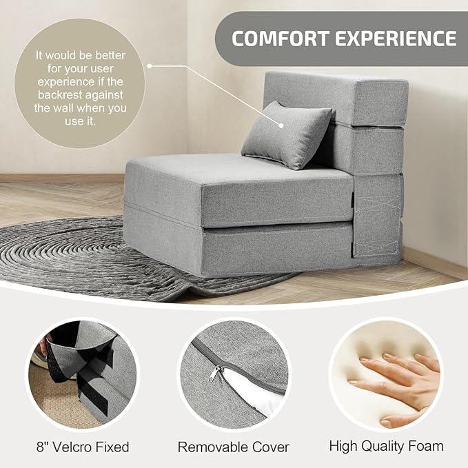 SUYOLS Folding Sofa Bed with Pillow- Convertible Chair Floor Couch & Sleeping Mattress, Foldable Memory Foam Sleeper for Living Room/Dorm/Guest Room/Home Office/Apartment/Loft, Single28, Light Gray