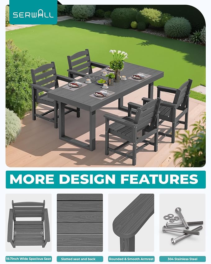 SERWALL HDPE Outdoor Dining Set for 4, 67'' Patio Table and Chairs Set | with Armchair Seat