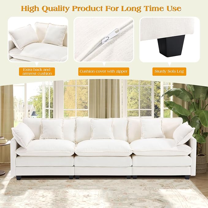 113.4" Modular Sectional Sofa,Cloud Couch for Living Room, Modern Deep Seat Sofa 3 Seater Chenille Fabric Comfy Couches with Throw Pillows for Apartment