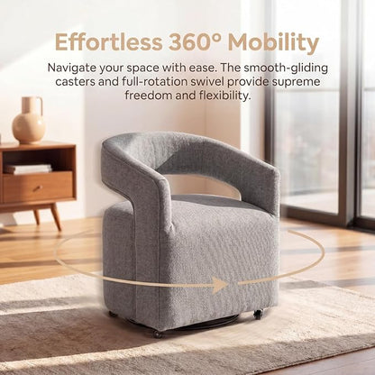 HNY 360° Swivel Upholstered Dining Chairs with Wheels Set of 4 – Soft Linen Fabric, Barrel Back Design, Rolling Kitchen Seating for Living Room, Makeup Vanity, Reception, Light Grey