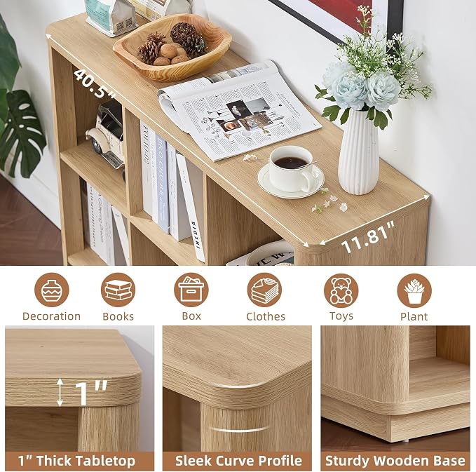 Joaxswe 9 Cube Storage Book Shelf, 41" Tall Organizer Bookshelf with Curved Edge, Modern Floor Standing 3-Tier Cubby Bookcase with Base, Wood Display Book Case for Living Room, Home Office,Natural Oak
