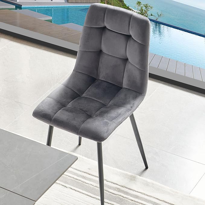 NORDICANA Grey Velvet Dining Chairs Set of 4, Upholstered Tufted Kitchen Chairs, Comfortable Seat, Metal Leg, Easy Assembly