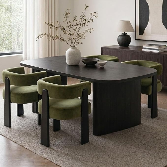 Hyfirm Modern Dining Chairs Set of 4, Upholstered Velvet Barrel Accent Chairs with Backrest & Arms, Wide and Thicker Padded Kitchen Side Chair with Wooden Legs for Dining Room, Livingroom, Dark Green