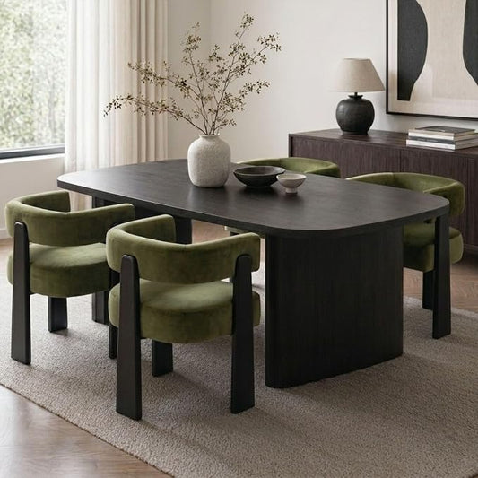 Hyfirm Modern Dining Chairs Set of 4, Upholstered Velvet Barrel Accent Chairs with Backrest & Arms, Wide and Thicker Padded Kitchen Side Chair with Wooden Legs for Dining Room, Livingroom, Dark Green